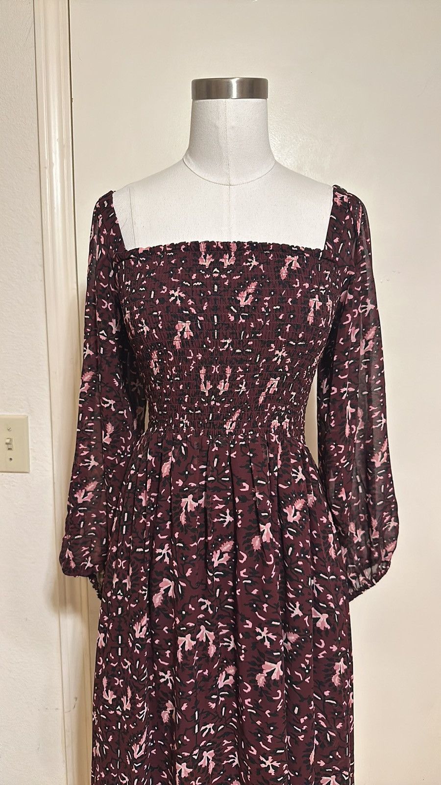 NWT (Re)sourced Georgette Sheer-Sleeve Smocked Midi Dress