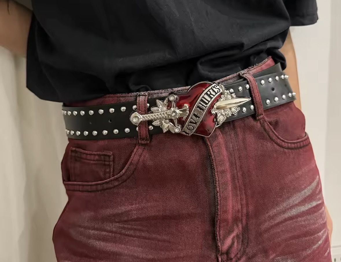 Japanese Brand Unisex Trendy Gothic Punk Love Hurts Buckle Rivet Belt Size ONE SIZE - 1 Thumbnail
