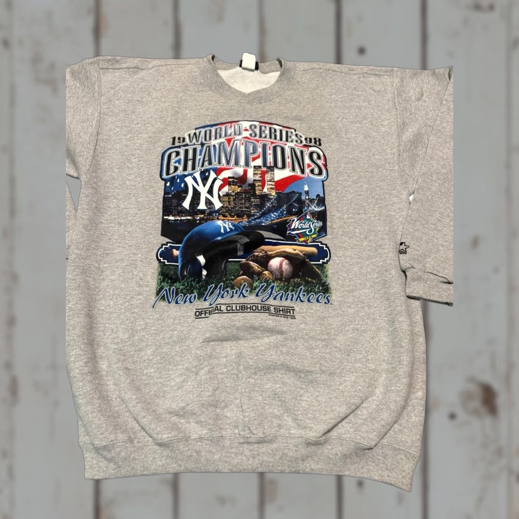 VINTAGE Starter New York Yankees Sweatshirt MLB Gray Oversized Large Crew Neck Men's 1998 Champ Graphic Print Fleece Knit Pullover