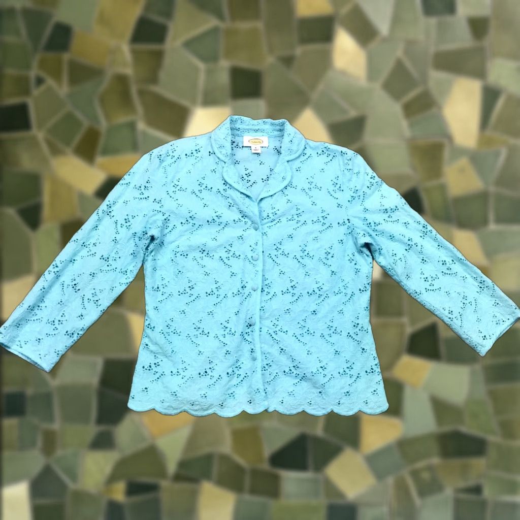 Talbots Talbots Womens Button-Up Shirt blue eyelet embroidery all over floral pattern 100% Cotton Collared Long Sleeve Size 8 Womens Boys? Size M / US 6-8 / IT 42-44 - 1 Thumbnail