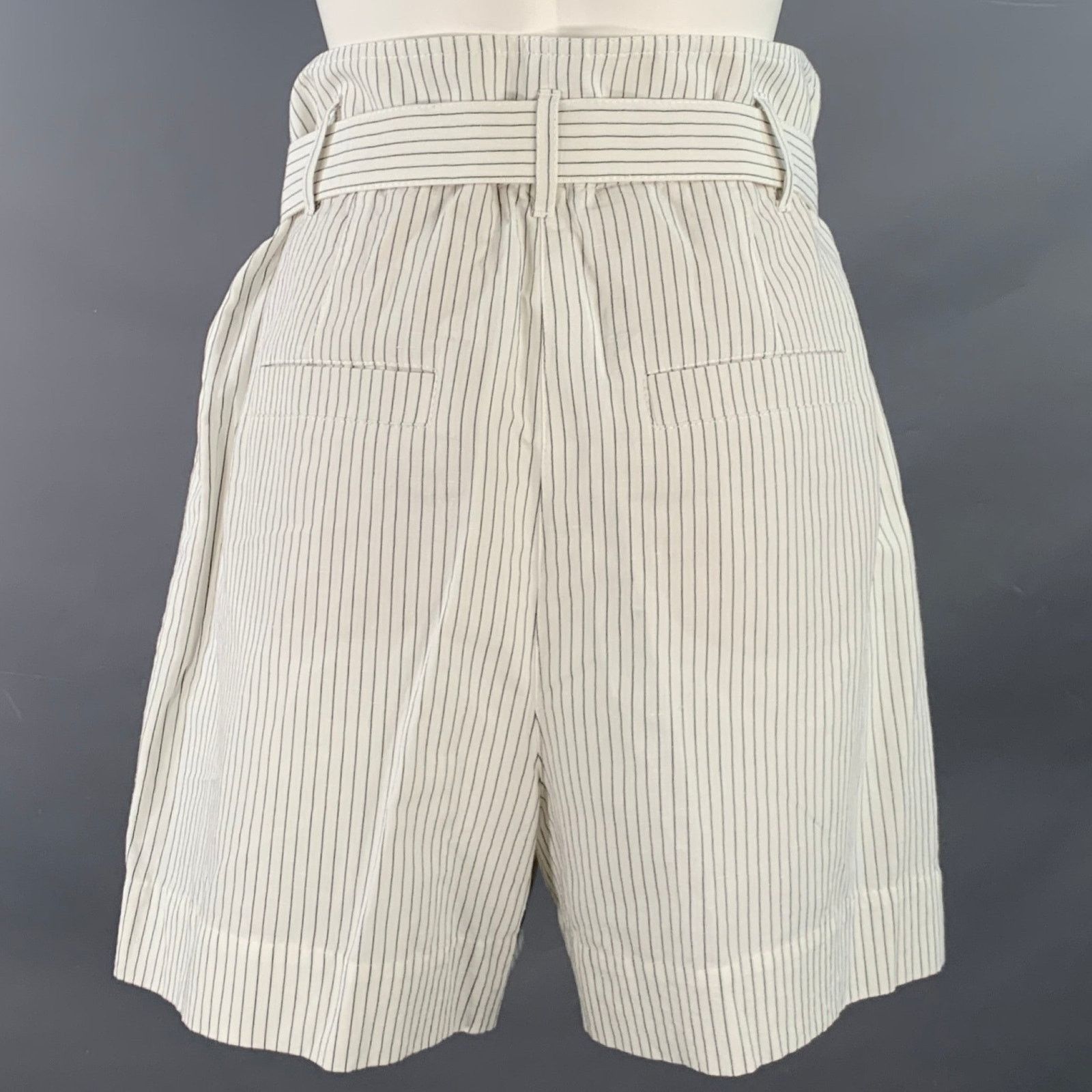 Brunello Cucinelli 8 White Black Cotton Linen Pinstripe Wide Leg Belted Shorts Size 30" / US 8 / IT 44 - 3 Thumbnail