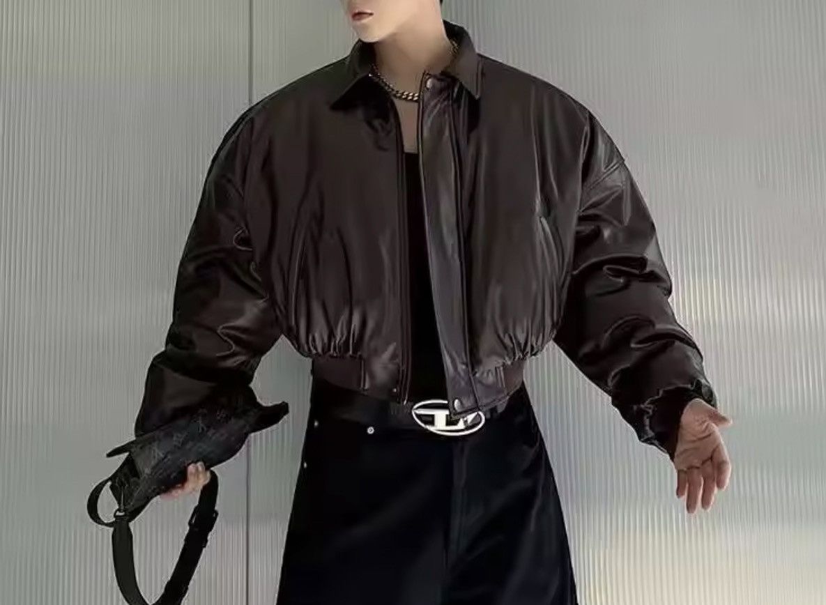 Japanese Brand CROPPED Vegan Leather Bomber Jacket - Boxy Streetwear Puffer Size US M / EU 48-50 / 2 - 2 Thumbnail