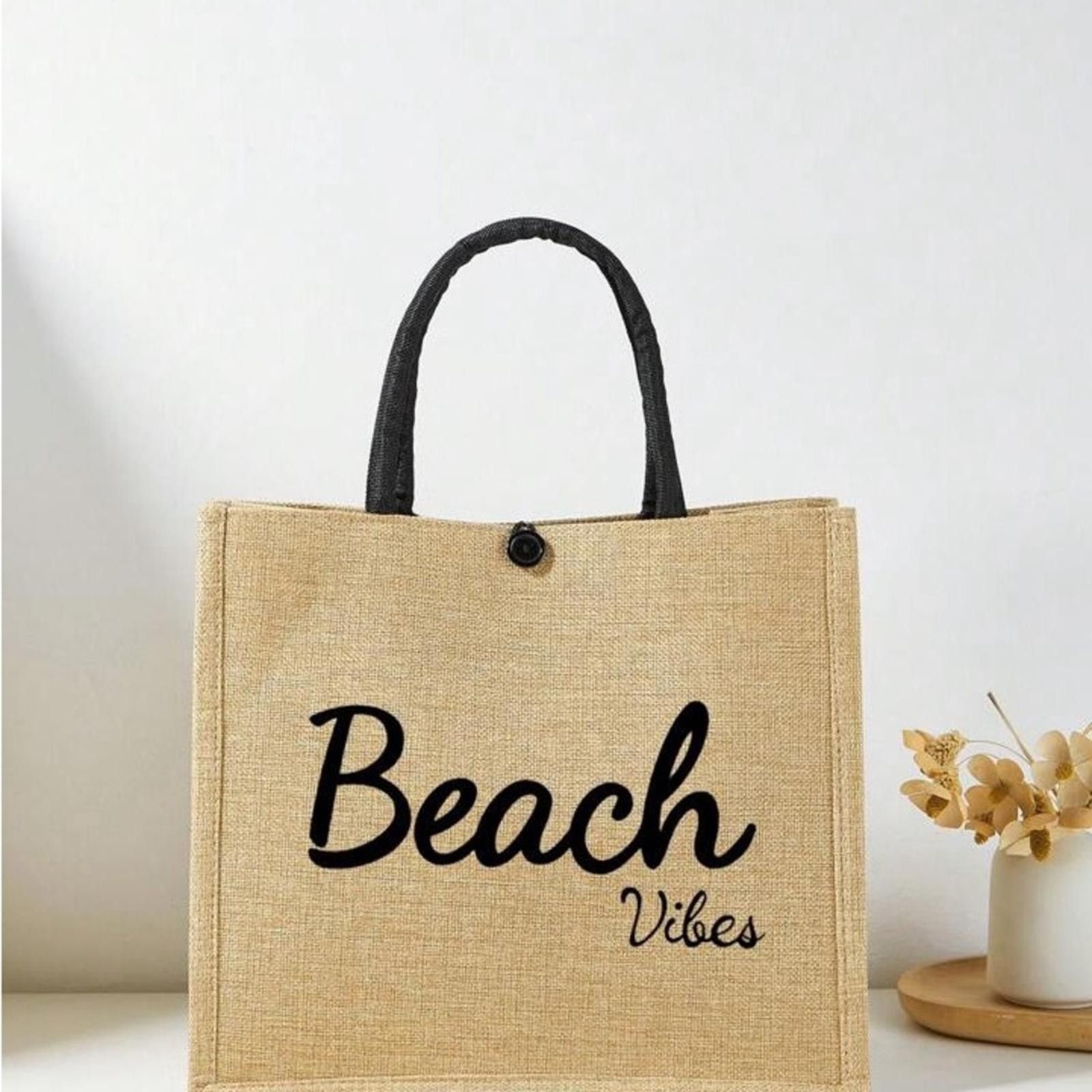 Designer Beach Vibes Tan And Black Tote Bag in Beige, Women's