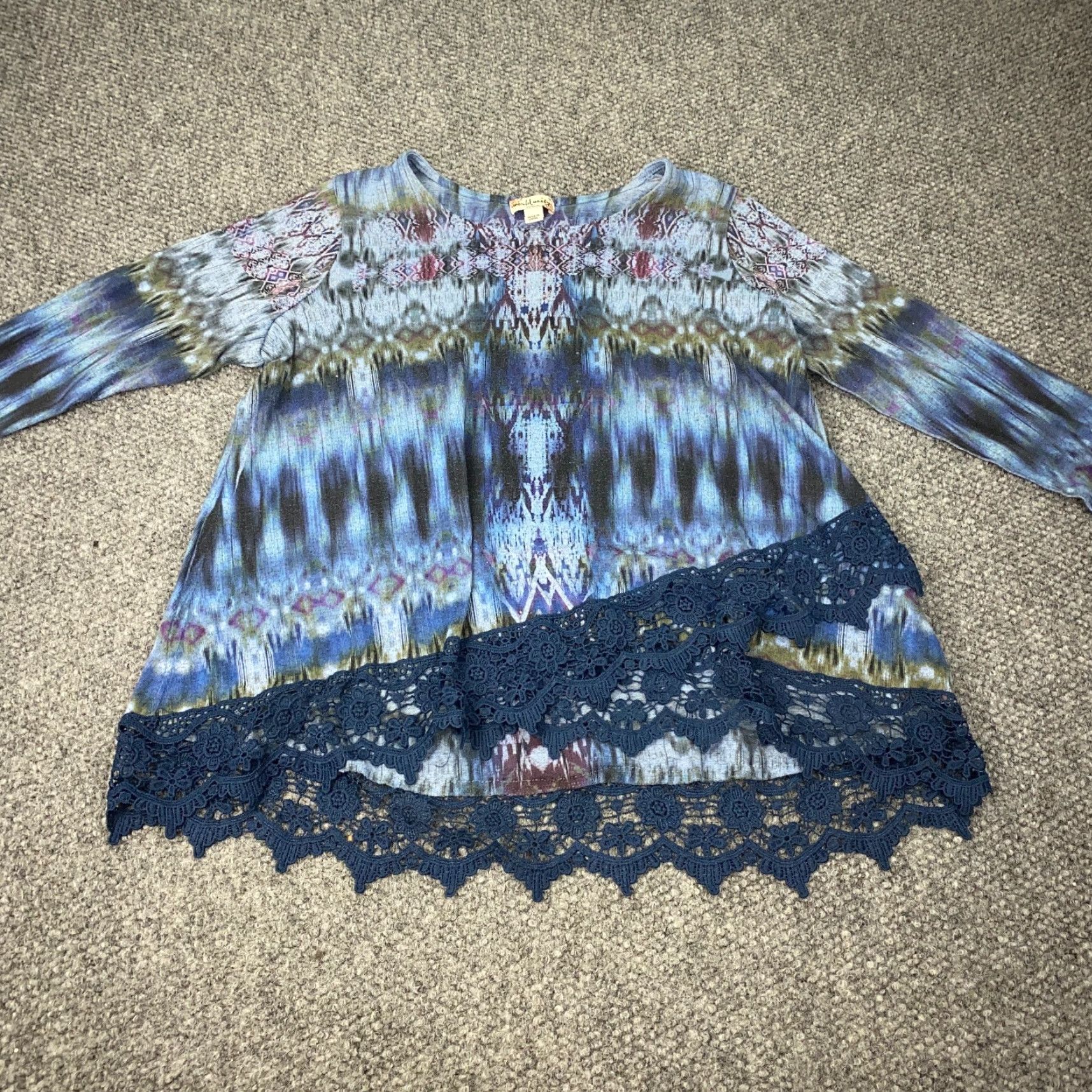 Vintage World Unity Shirt 1X Blue Bohemian Hippie Tie Dye Lace Geometric 3/4 Sleeve Round Neck Pullover Blouse Tunic Women Size XL / US 12-14 / IT 48-50 - 2 Thumbnail