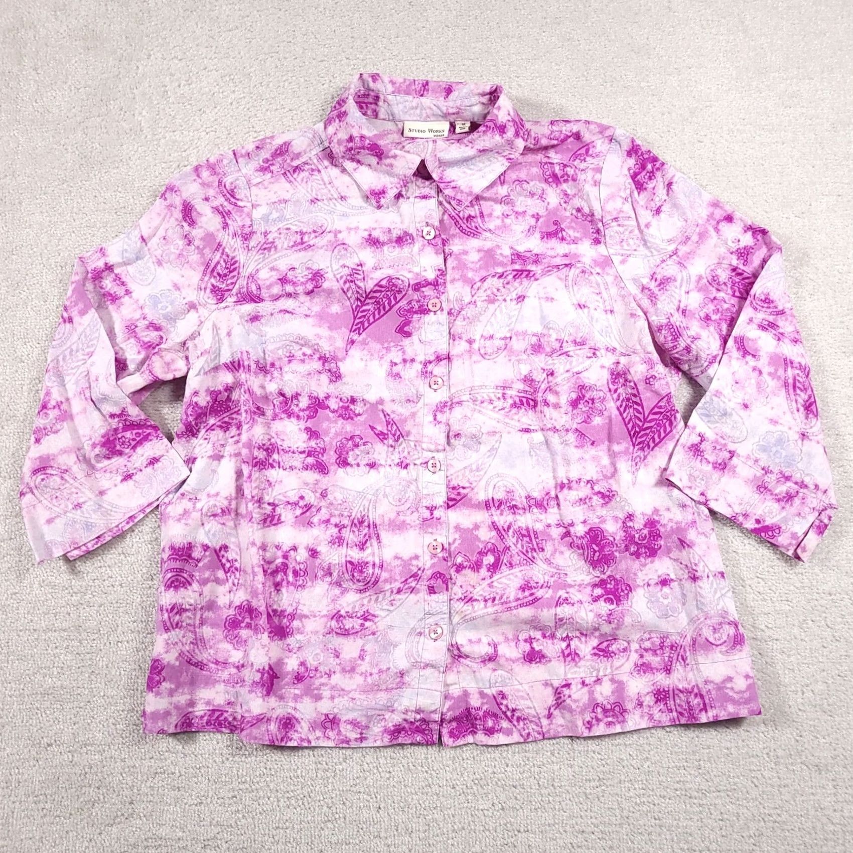 Vintage Studio Works Button Up Shirt Women's 1X Plus Purple Paisley Collared 3/4 Sleeve Size XL / US 12-14 / IT 48-50 - 2 Thumbnail