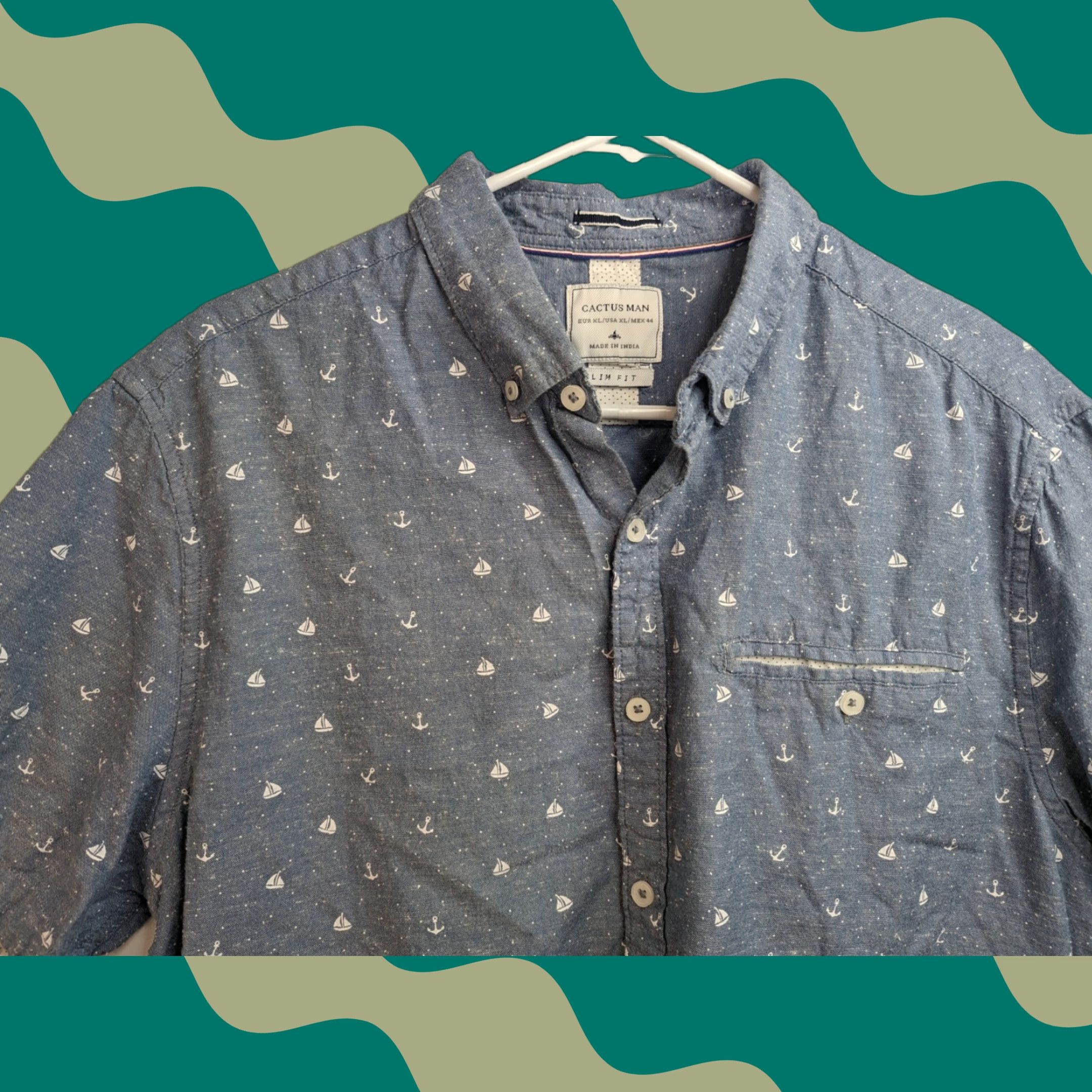 Vintage Cactus Shirt Slim Fit Men XL Short Sleeve Button Down Collared 100% Cotton Blue Logo Pockets Size US XL / EU 56 / 4 - 1 Thumbnail