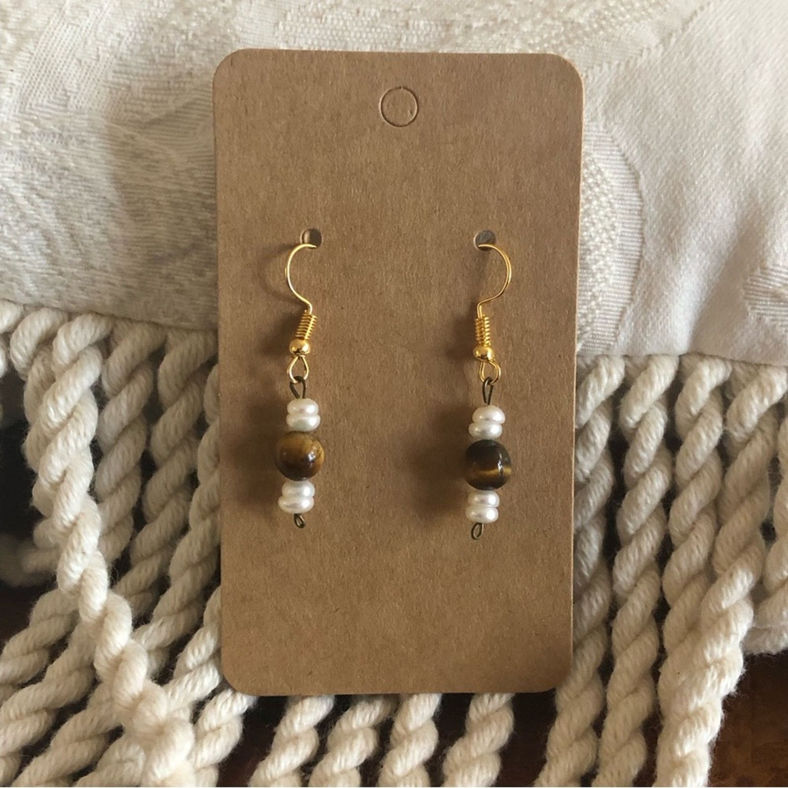 Vintage Vintage genuine tiger eye faux pearl dangle earrings Size ONE SIZE - 1 Thumbnail