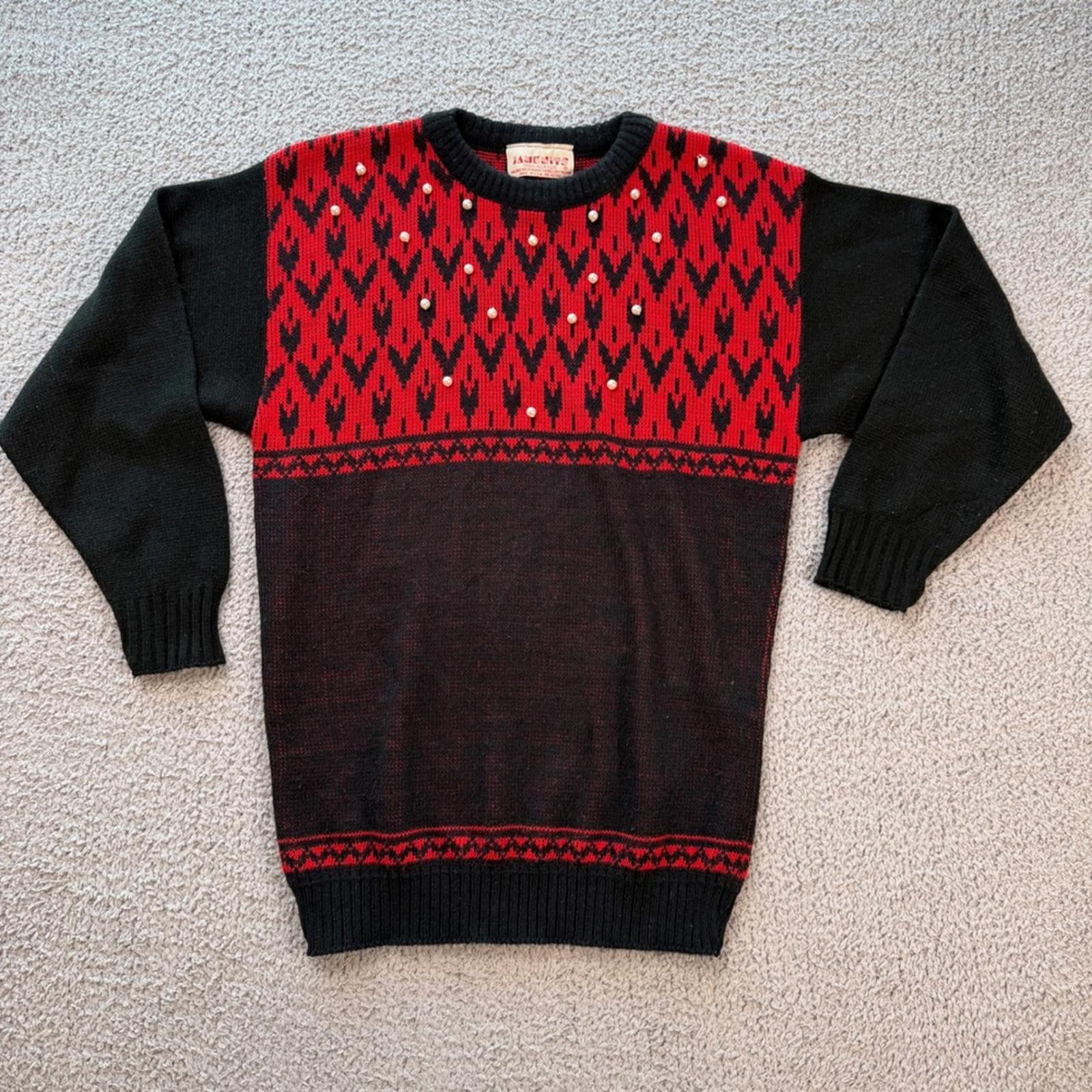 Other Vintage 80s Jansens Red Black Pearl Embellished Sweater USA Size M / US 6-8 / IT 42-44 - 1 Thumbnail