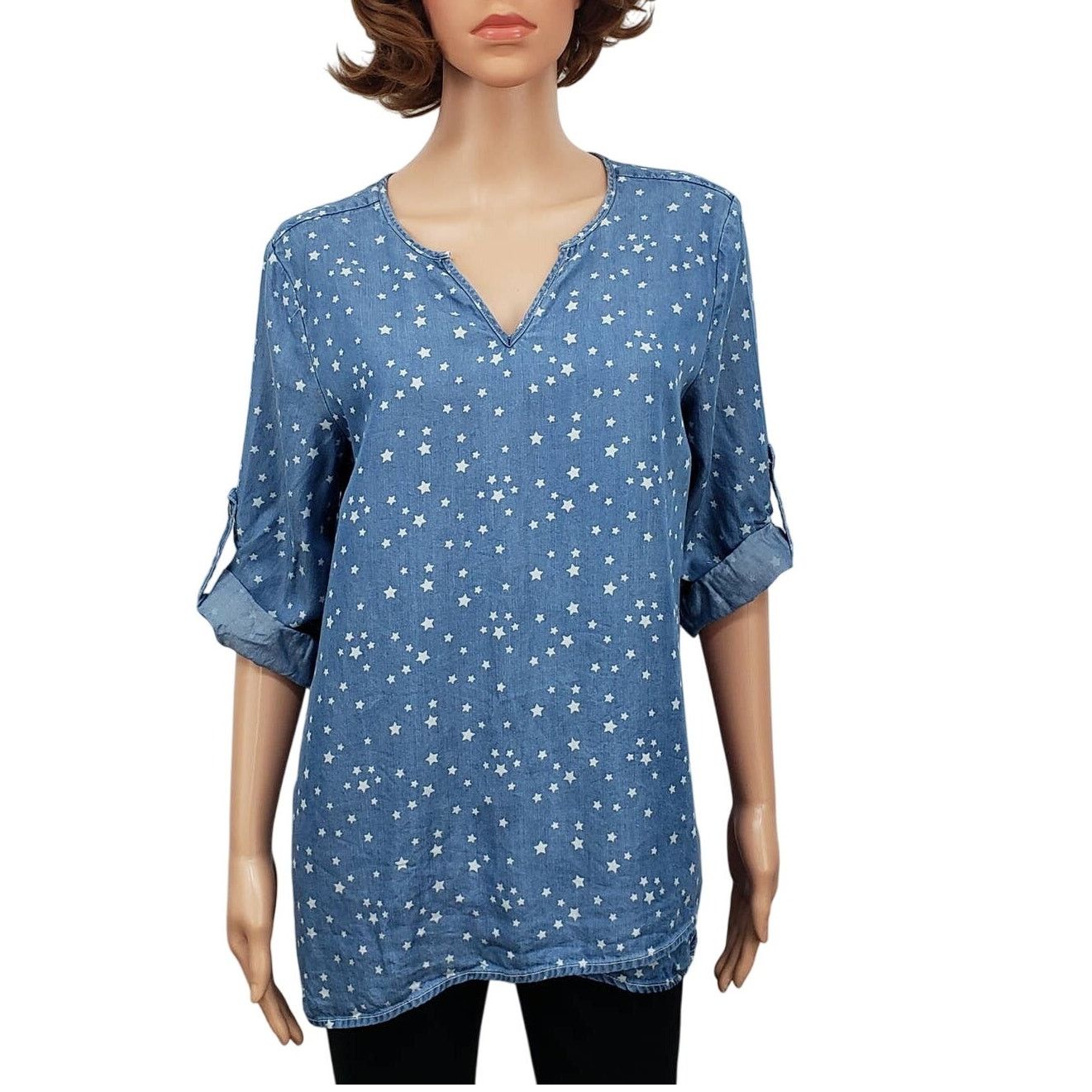 Neiman Marcus Philosophy Chambray Shirt Star Hi Low Tunic Roll Tab Tencel Size M / US 6-8 / IT 42-44 - 3 Thumbnail