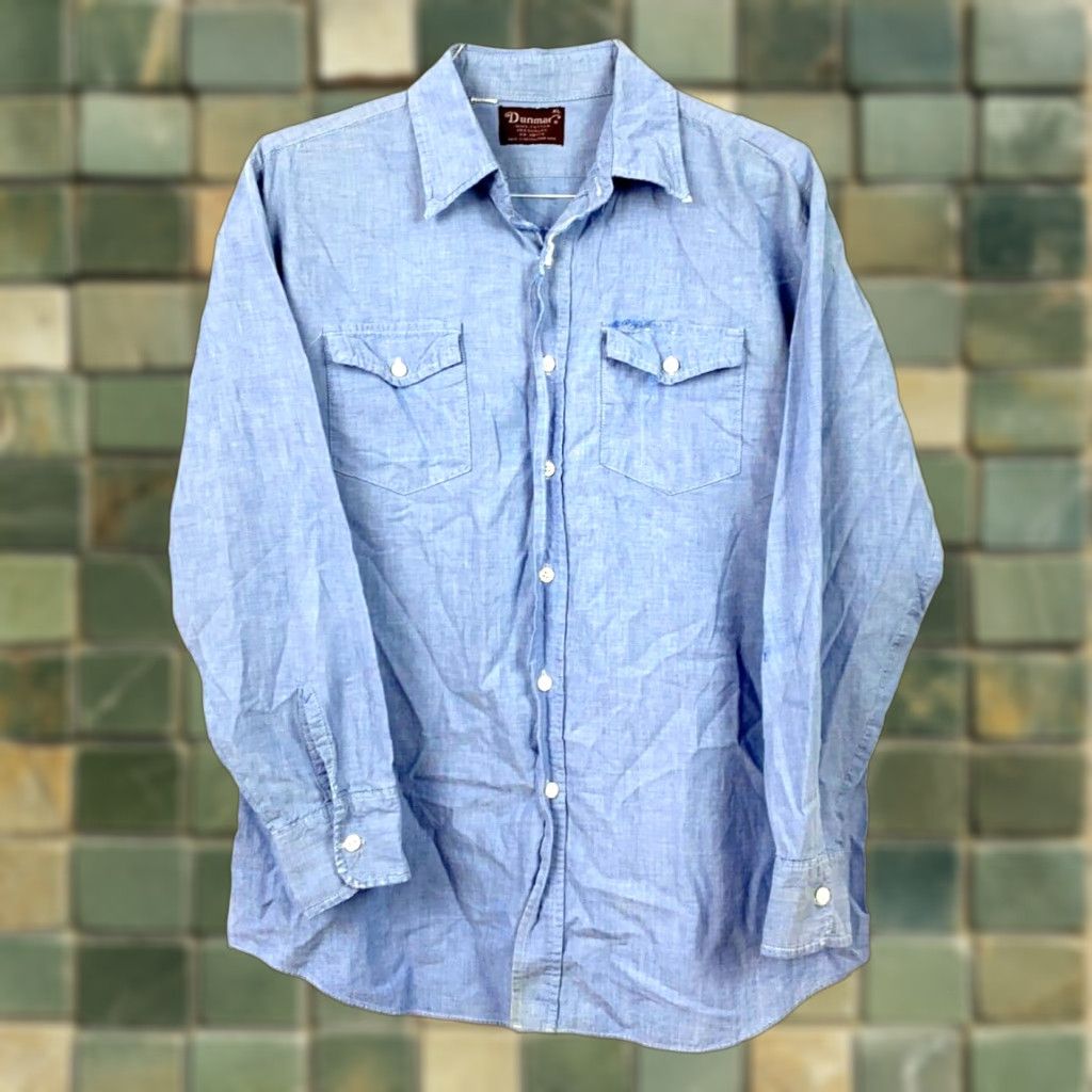 Denime VINTAGE 1950s Dunmar Chambray Denim Blue Button Up Shirt XL Well Worn Size US XL / EU 56 / 4 - 1 Thumbnail