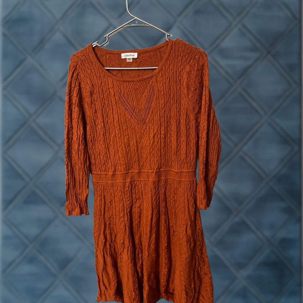 calvin klein orange sweater dress Calvin Klein Calvin Klein Orange A-Line Skirt Chic Sweater Dress L 100%  Acrylic Boat Neck 3/4 Sleeve Pullover Women