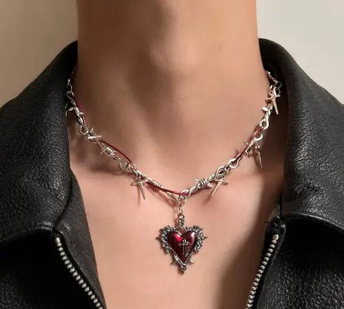 Jewelry 588Silver Barbed Wire Cross Necklace with Red Heart Pendant Size ONE SIZE - 1 Thumbnail