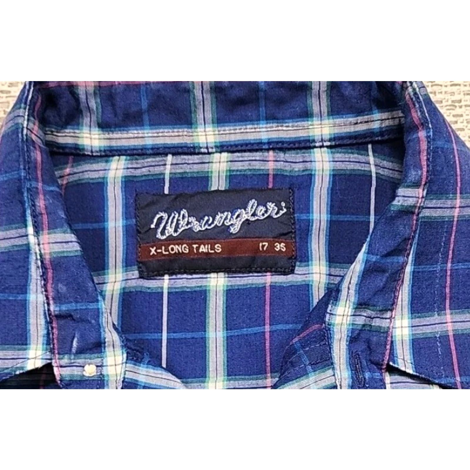 Wrangler VINTAGE Wrangler Pearl Snap Shirt X Long Tails Blue Plaid Mens Regular Fit 17 x 35 Shirt Size US XL / EU 56 / 4 - 5 Thumbnail