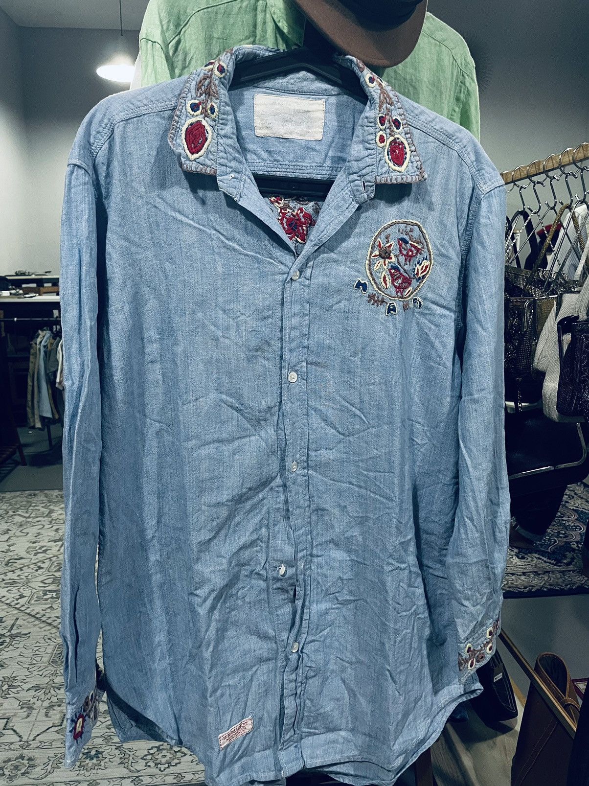 image of Hollywood Ranch&market Hollywood Ranch Market Blue Embroidered Chambray Shirt, Men's (Size Large)