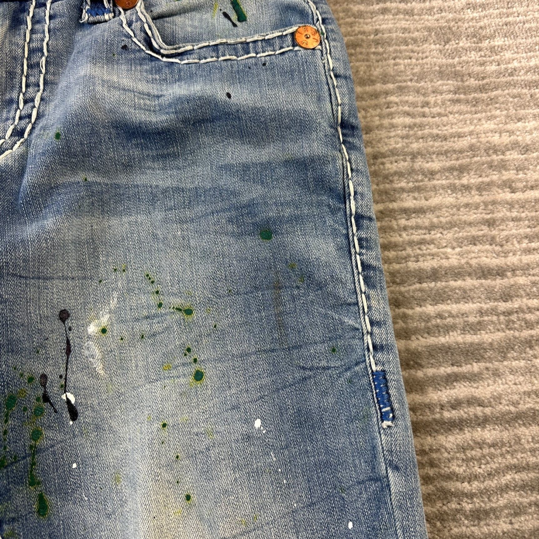 True Religion True Religion Jeans Mens 31 Rocco Relaxed Skinny Thick Stitch Paint Splatter Size US 31 - 4 Thumbnail