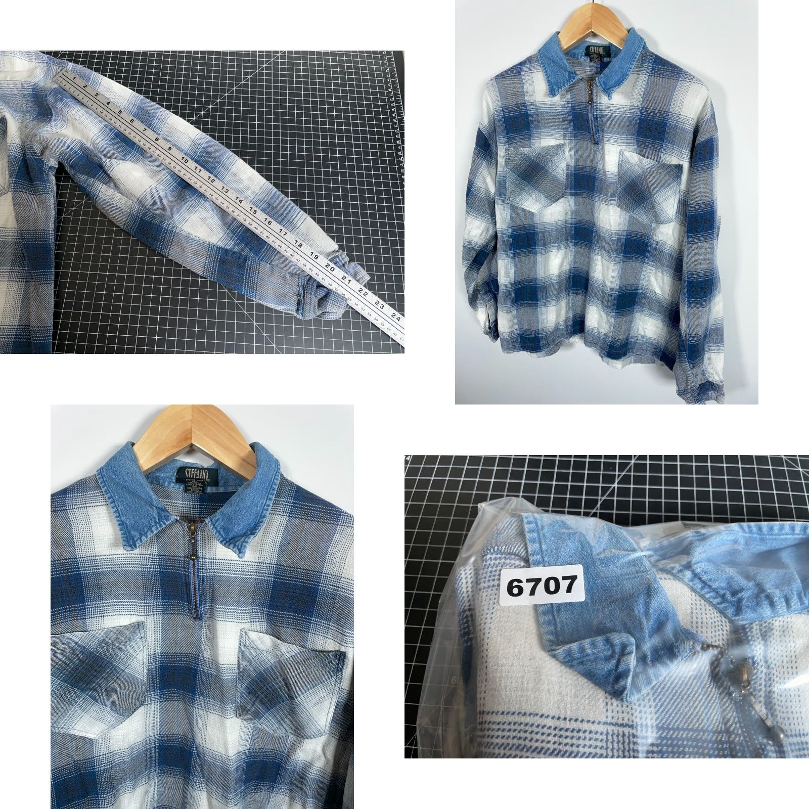 Vintage VINTAGE Stefano Man 1/4 Zip Flannel Shirt Mens XL Blue Shadow Plaid Denim Collar Size US XL / EU 56 / 4 - 8 Thumbnail