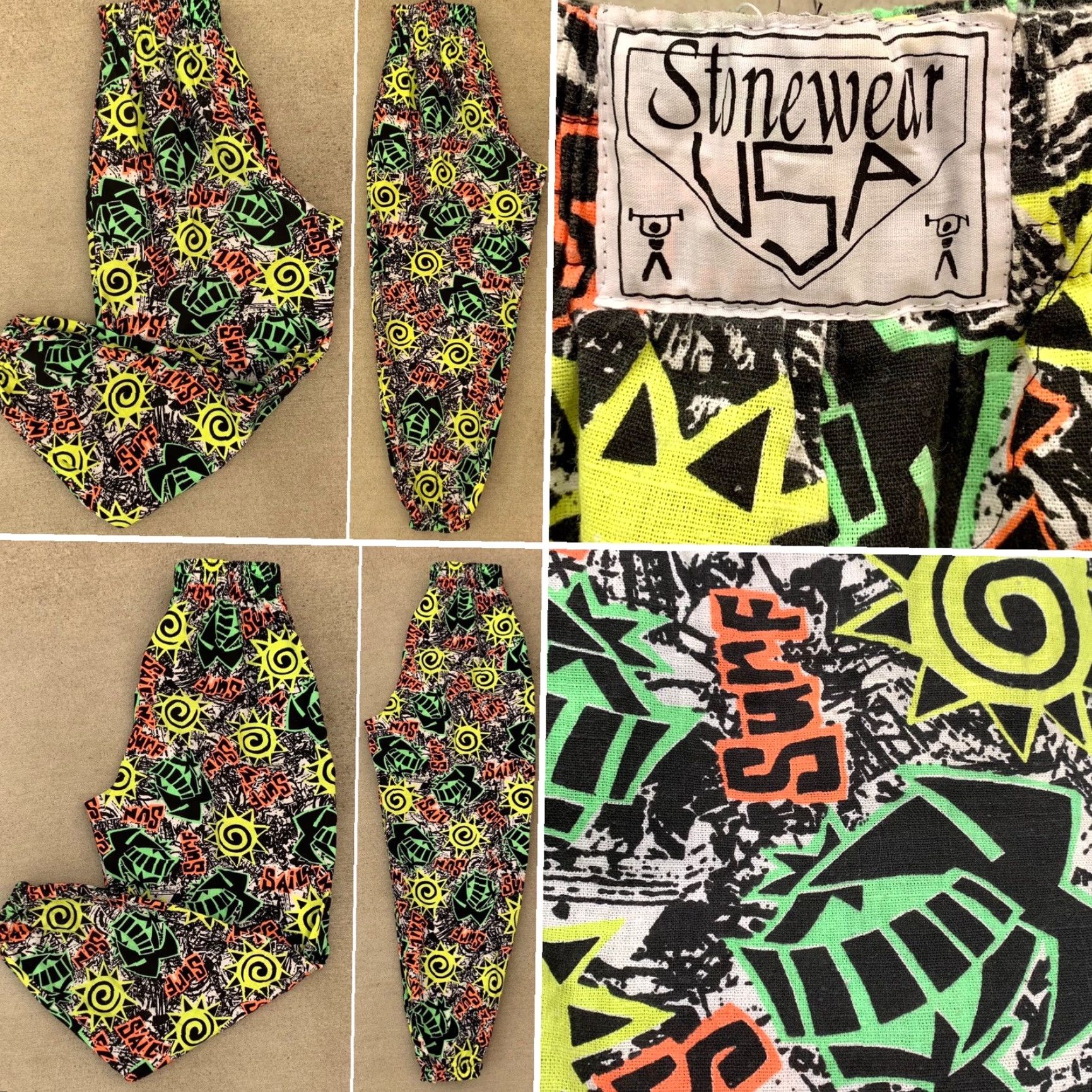 Vintage VINTAGE Stonewear USA muscle pants neon geometric beach surf n sun sail Sz S M Mens Size US 29 - 3 Thumbnail