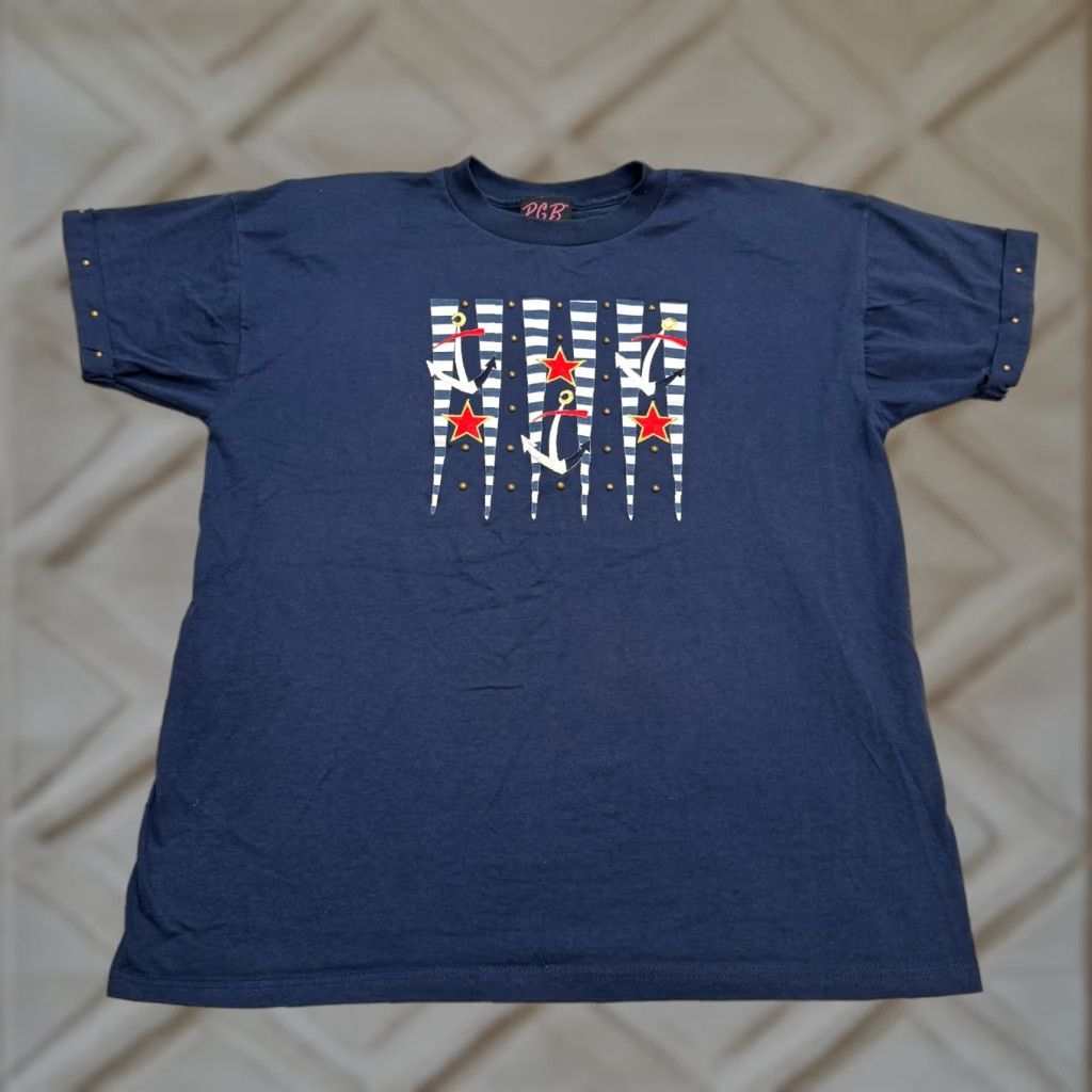 Vintage VINTAGE PCB Navy Blue Short Sleeve Crew Neck T-Shirt Womens Large 90s Nautical Retro Studded Graphic Top Size L / US 10 / IT 46 - 1 Thumbnail