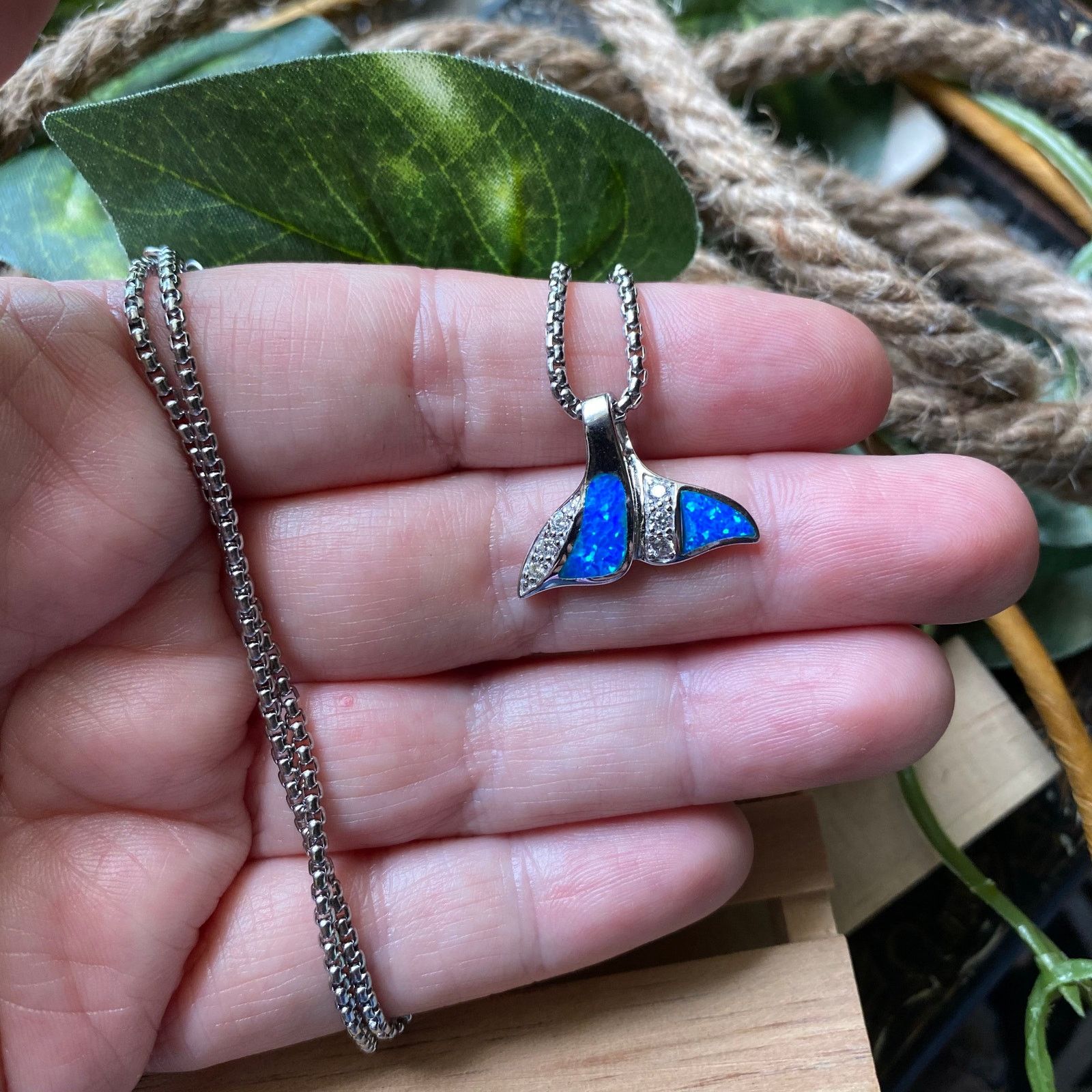 The Unbranded Brand Sterling Silver Blue Opal CZ Whale Tail Necklace Size ONE SIZE - 3 Thumbnail