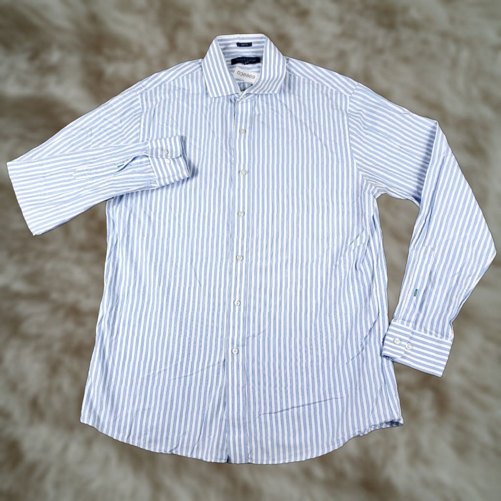 Tommy Hilfiger Tommy Hilfiger Dress Shirt Mens 16 Blue White Striped Long Sleeve Button Up Size 42R - 1 Thumbnail