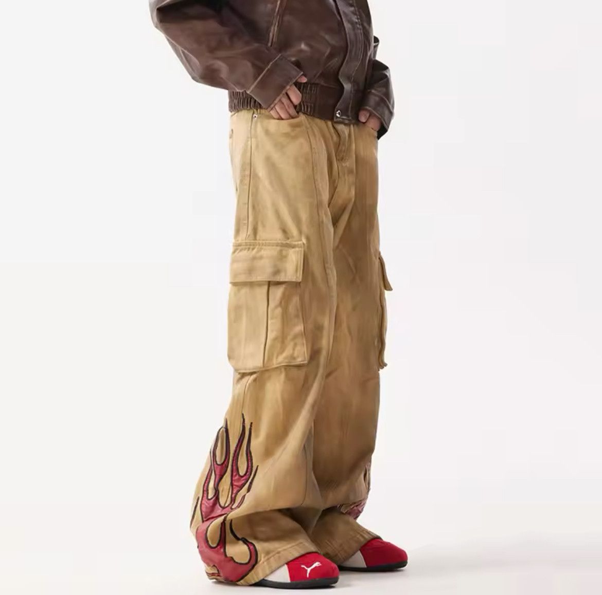 Vintage Khaki Flame Embroidery Wide Leg Jean