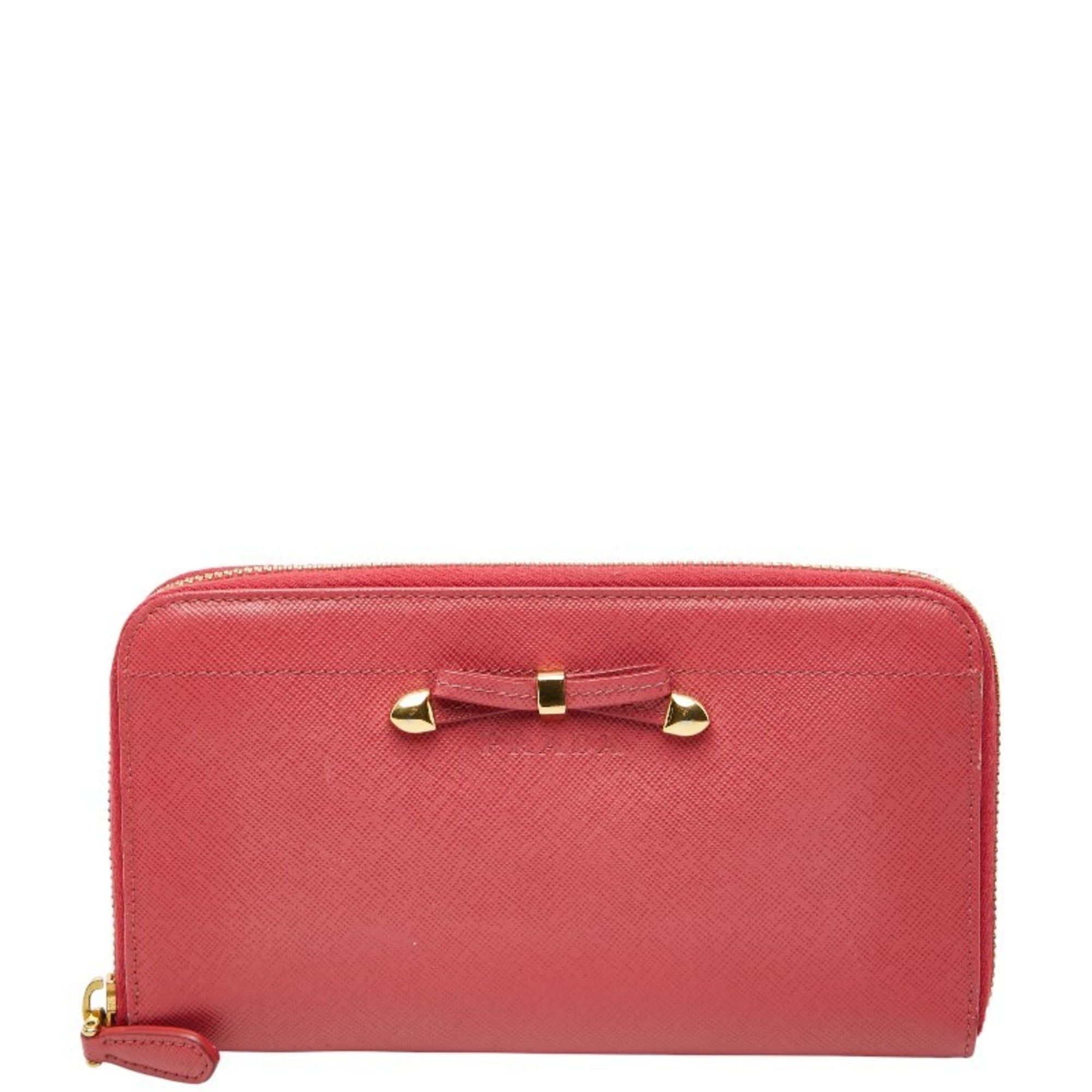 Prada Prada Ribbon Round Zip Long Wallet in Pink Saffiano Leather for Women Size ONE SIZE - 1 Thumbnail