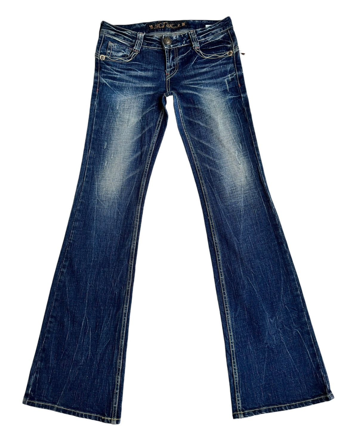Japanese Brand × Le Grande Bleu (L.G.B.) Sick⚡️Distressed Back Number Low Rise Flare Jeans Size 29" - 2 Thumbnail
