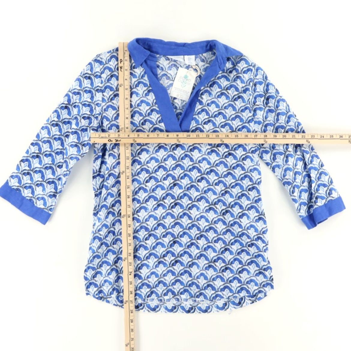Vintage Sigrid Olsen Geometric Long Sleeve Shirt Blue Women's S Popover Linen Shirt Size S / US 4 / IT 40 - 3 Thumbnail