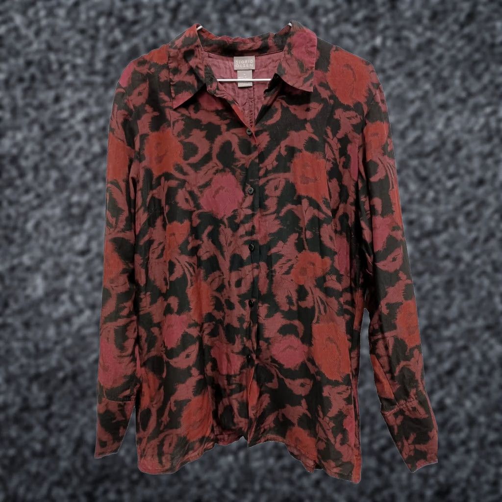 Vintage Silk Blend Floral Shirt - Large Red Black Long Sleeve Top - Philippines Size L / US 10 / IT 46 - 1 Thumbnail