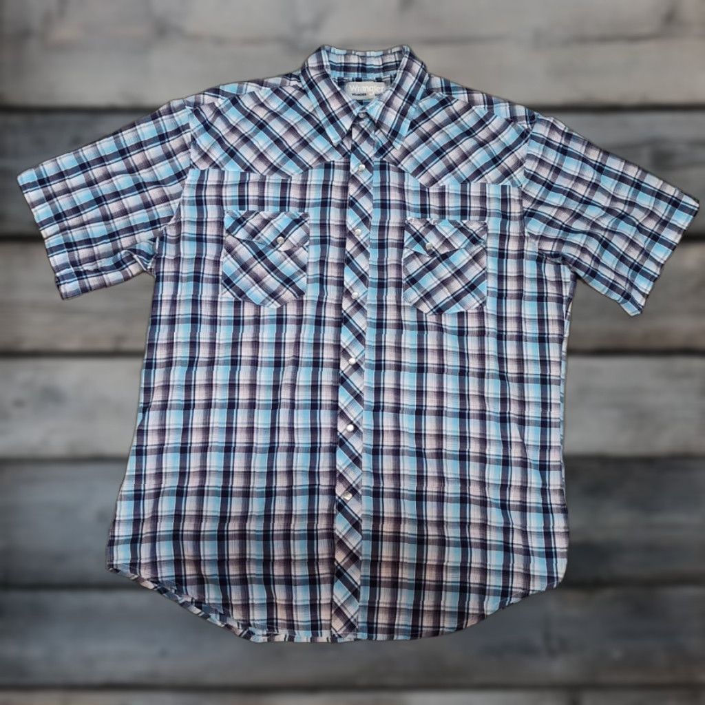 Wrangler WRANGLER Wrancher Blue Plaid Short Sleeve Snap Button Shirt Large Western Mens Size US L / EU 52-54 / 3 - 1 Thumbnail