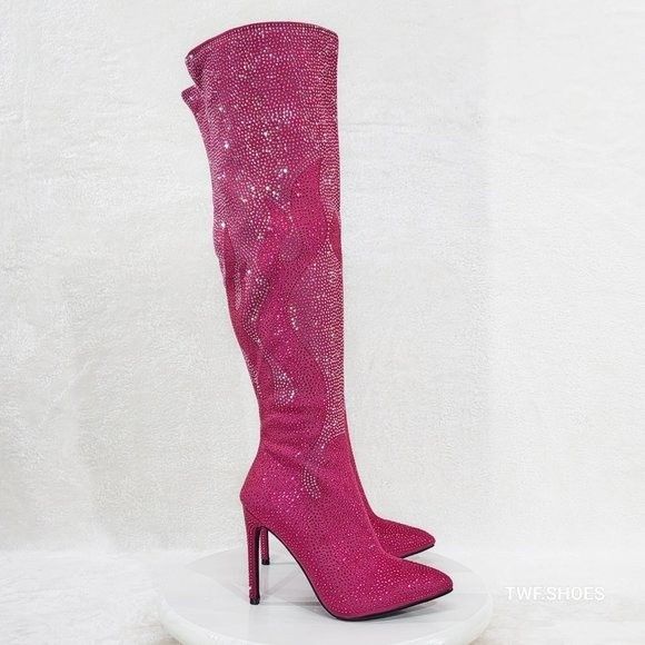 Other Like It Hot Fuchsia Rhinestone Flame Detail Sexy OTK High He Size US 8.5 / IT 38.5 - 8 Thumbnail