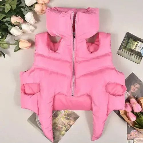Japanese Brand Pink Sexy Cut Out Cropped Puffer Jackets Women Size ONE SIZE - 4 Thumbnail