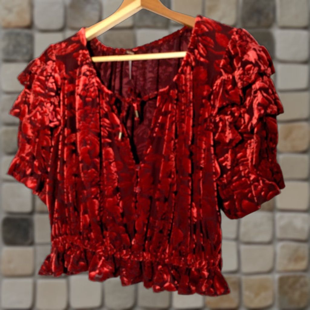 Free People Free People Velveteen Dream Shirt S Red Floral Velour Crop Peasant Ruffle V Neck Size S / US 4 / IT 40 - 1 Thumbnail