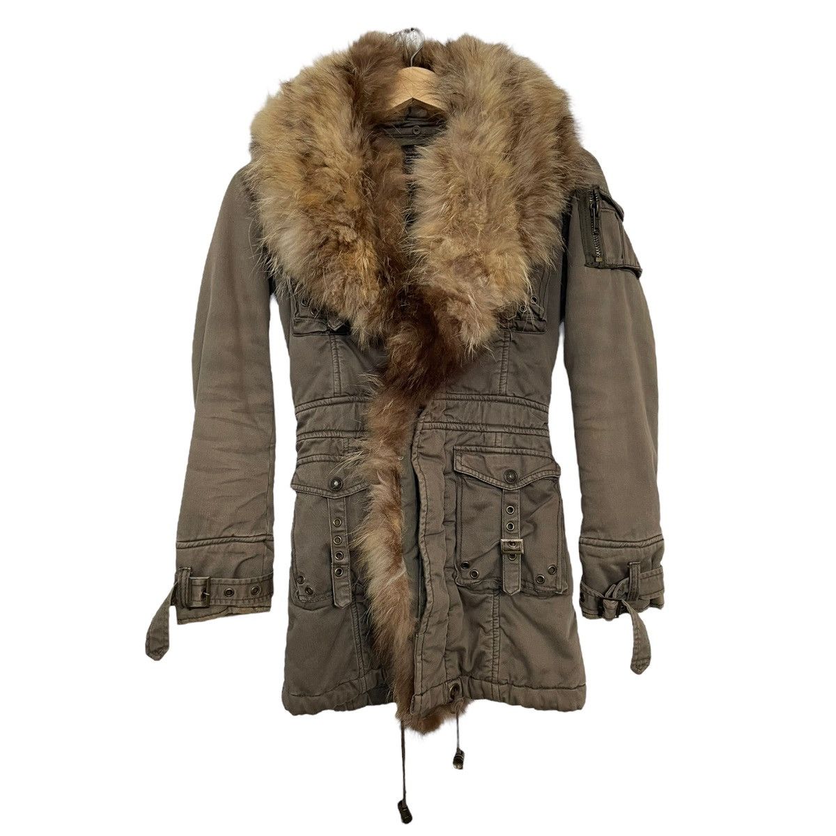 image of Designer Heavenandearth Fur Trim Jacket Coat in Khaki, Women's (Size Small)