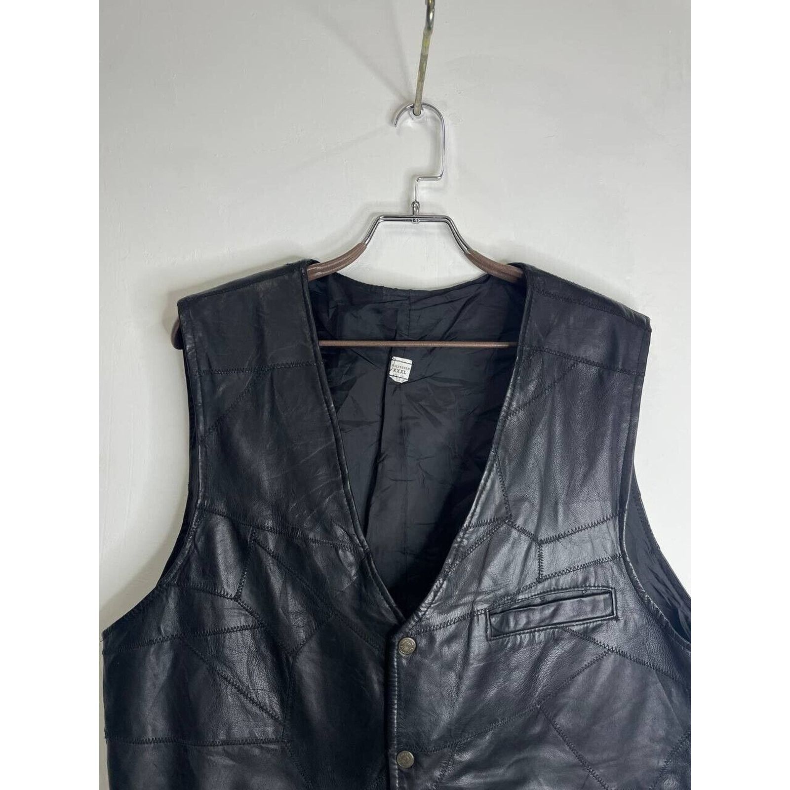 Vintage Vintage Black Leather Patchwork Biker Vest Utility Pockets Size US L / EU 52-54 / 3 - 4 Thumbnail