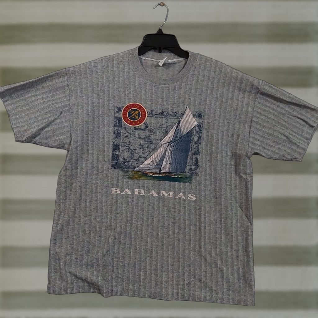 VINTAGE Bahamas Shirt Mens XL Gray World Class Sailing Made USA 90s Herringbone