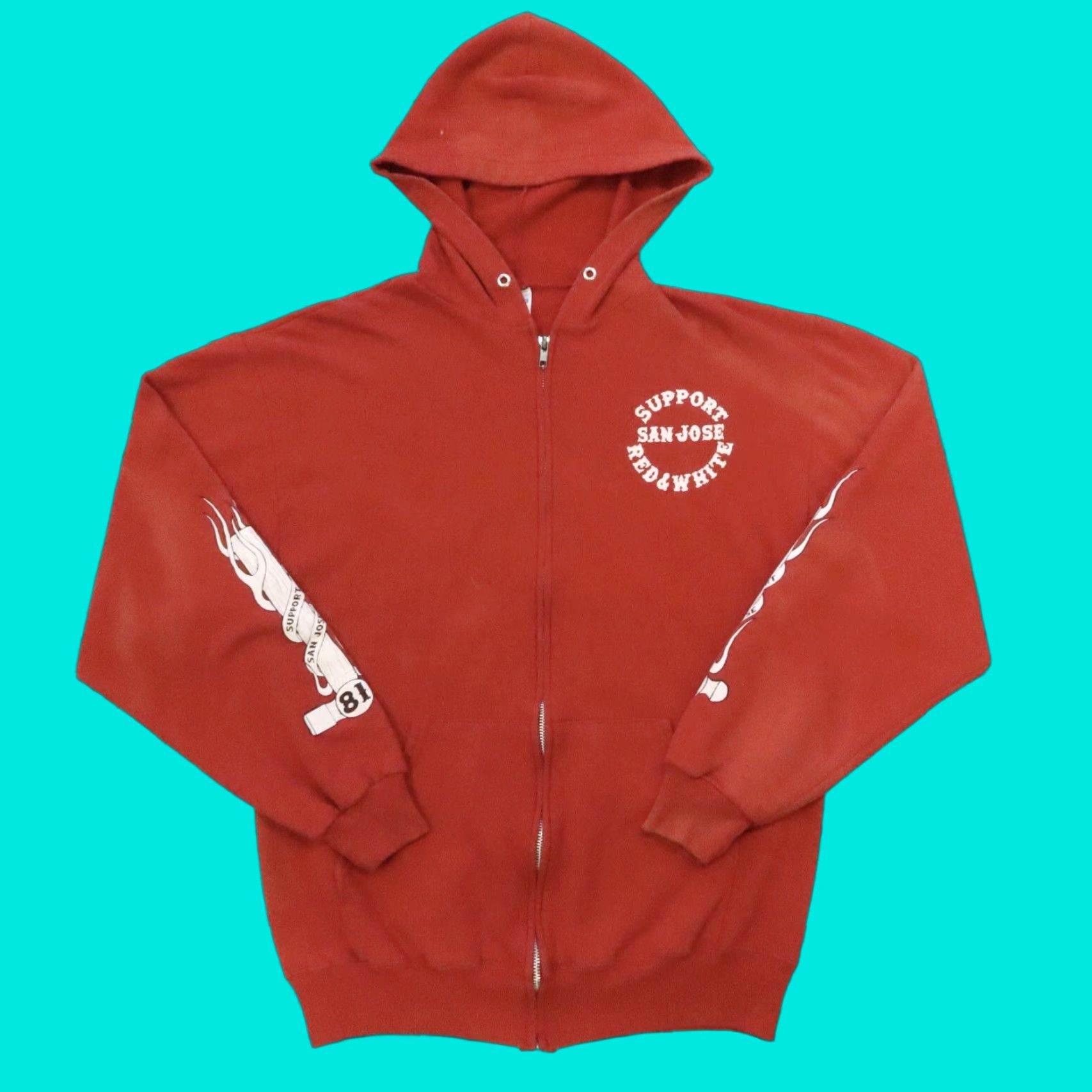 Jerzees Vintage Hells Angel Support Red and White 81 San Jose Zip Up Hoodie Sweatshirt Hoodie M Red Mens Size US M / EU 48-50 / 2 - 1 Thumbnail