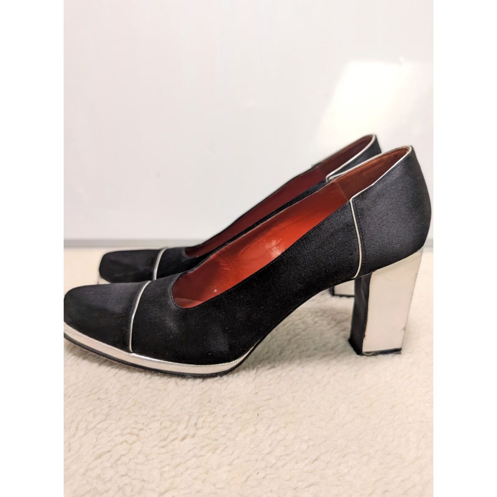 Yves Saint Laurent VINTAGE Yves Saint Laurent Pumps Black Satin Taffeta Silver Block Heel 7 Womens 1970s Size US 7 / IT 37 - 4 Thumbnail