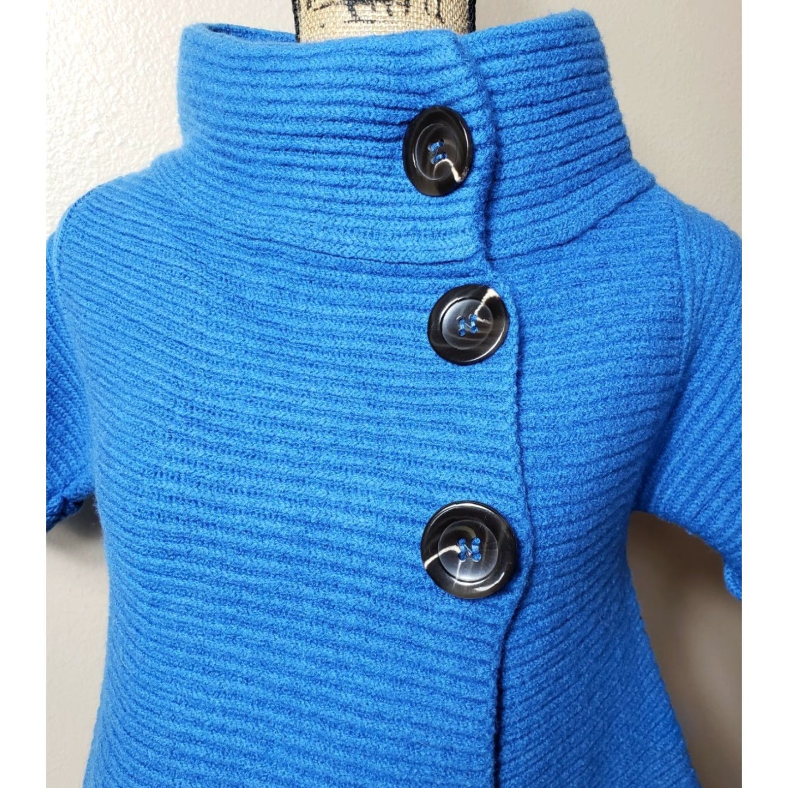 Piazza Sempione Piazza Sempione Cardigan - Chunky Ribbed Short Sleeve Topper - Blue - 44/US 8 - 100% Virgin Wool - Mock Neck - Button Closure - A-line - Women Size 30" / US 8 / IT 44 - 2 Thumbnail
