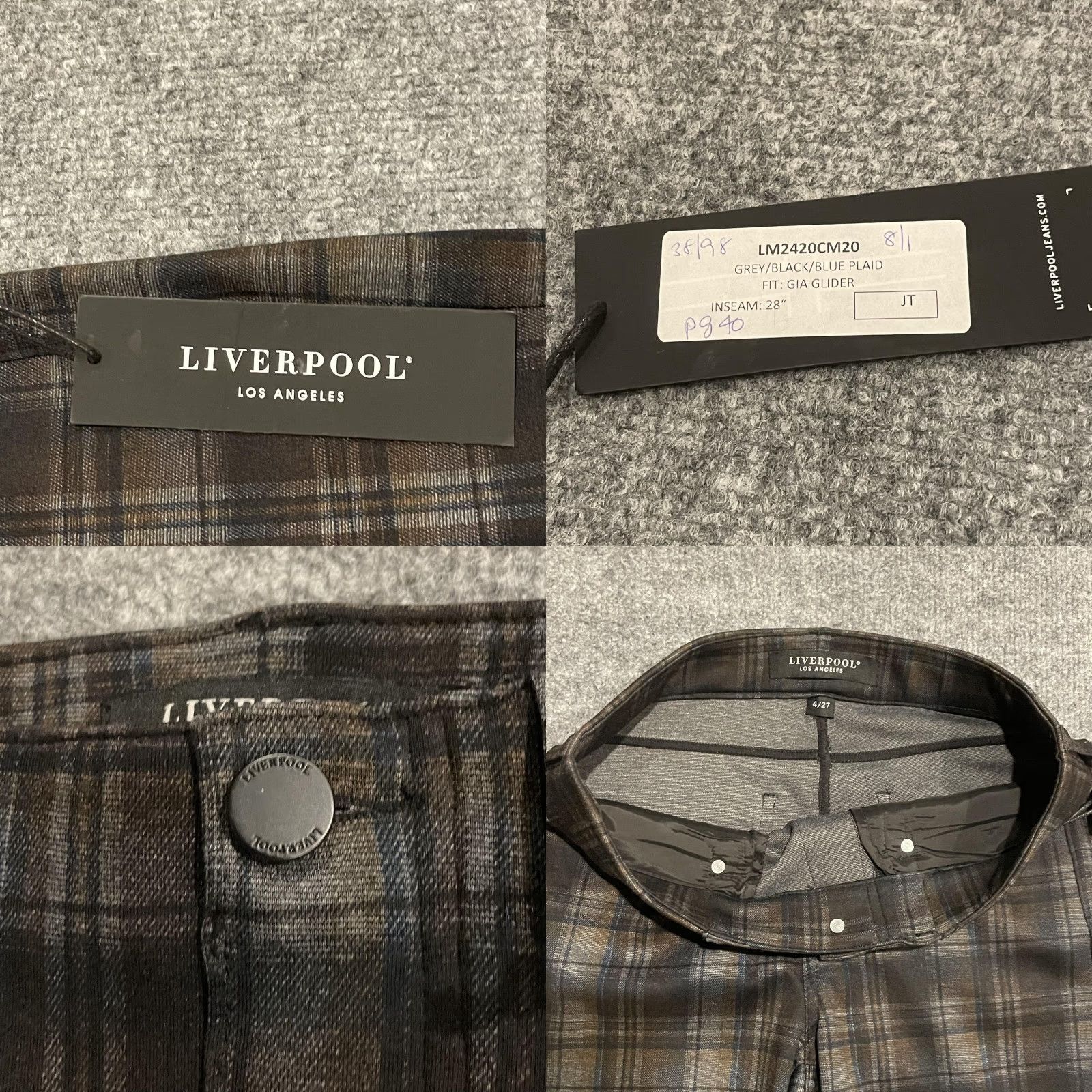 Vintage Liverpool Gia Glider Pants Womens 4/27 Grey Black Blue Plaid Pull On 28" Size 27" / US 4 / IT 40 - 8 Thumbnail