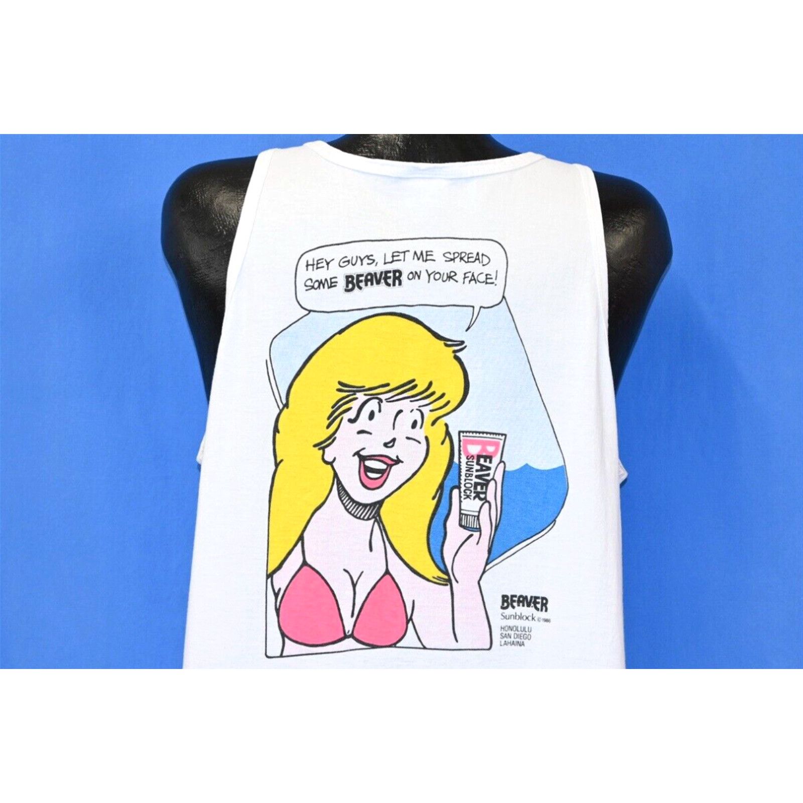 image of Vintage VTG 80's Beaver Fever Snatch Sunblock Promo Tank Top Funny Humor Joke T-Shirt XL in White