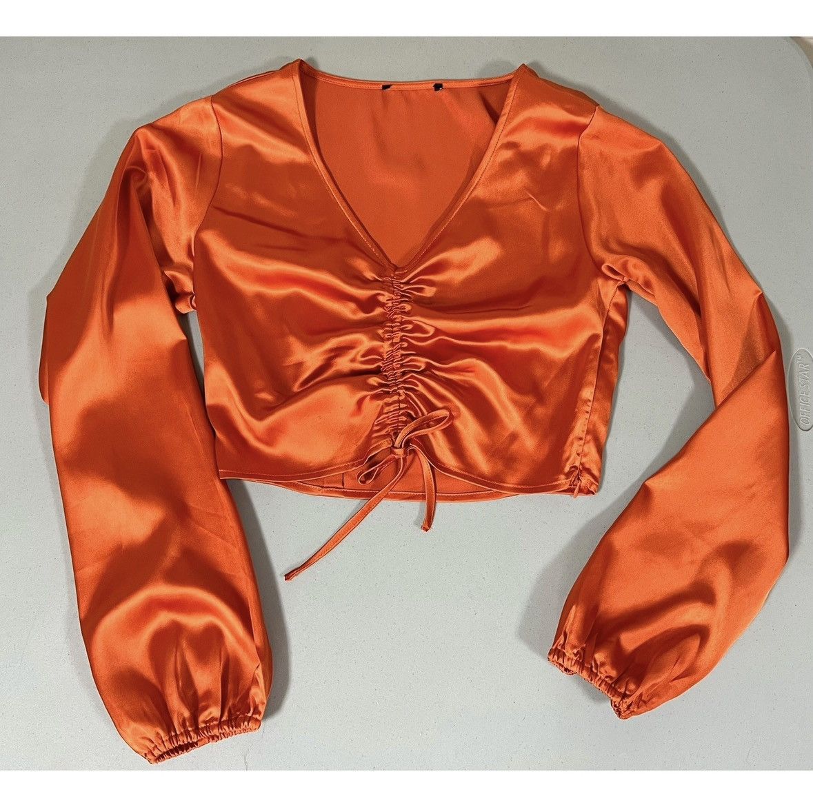 Vintage Orange Silk Satin V-Neck Ruched Top Shirt Blouse Size M 🍊 Size M / US 6-8 / IT 42-44 - 1 Thumbnail