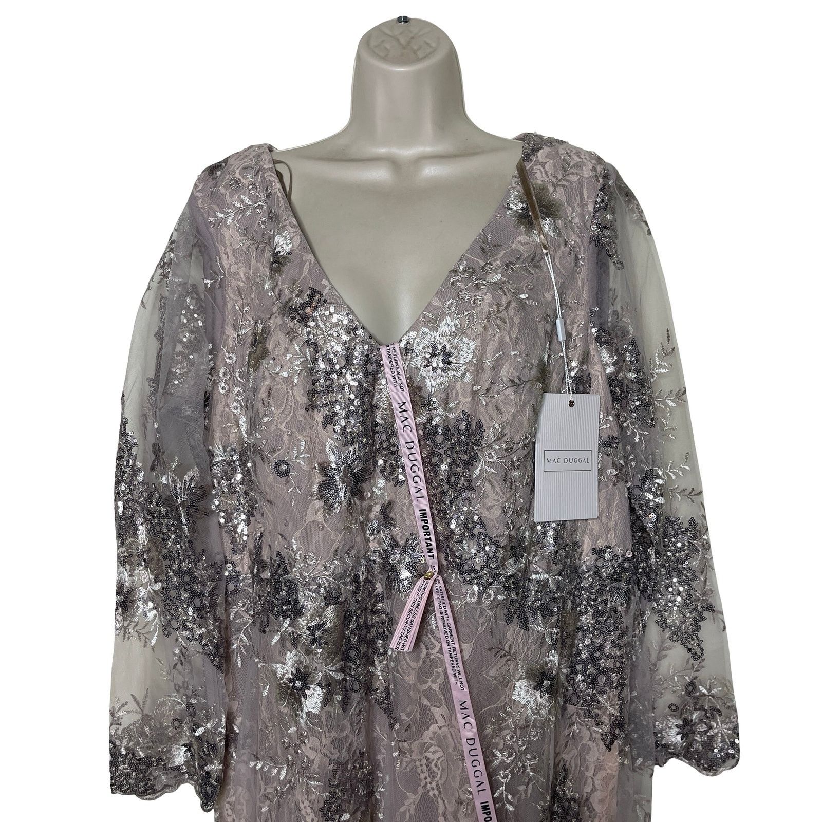 Other MAC DUGGAL Beige V Neck Mesh Long Sleeve Embroidered Gown Size XXL / US 16-18 / IT 52-54 - 3 Thumbnail