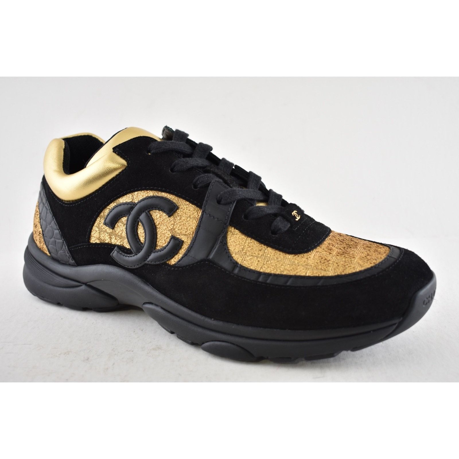 Chanel Chanel 19A Mens Black Gold Croc Suede CC Logo Low Top Size US 11 / EU 44 - 6 Thumbnail