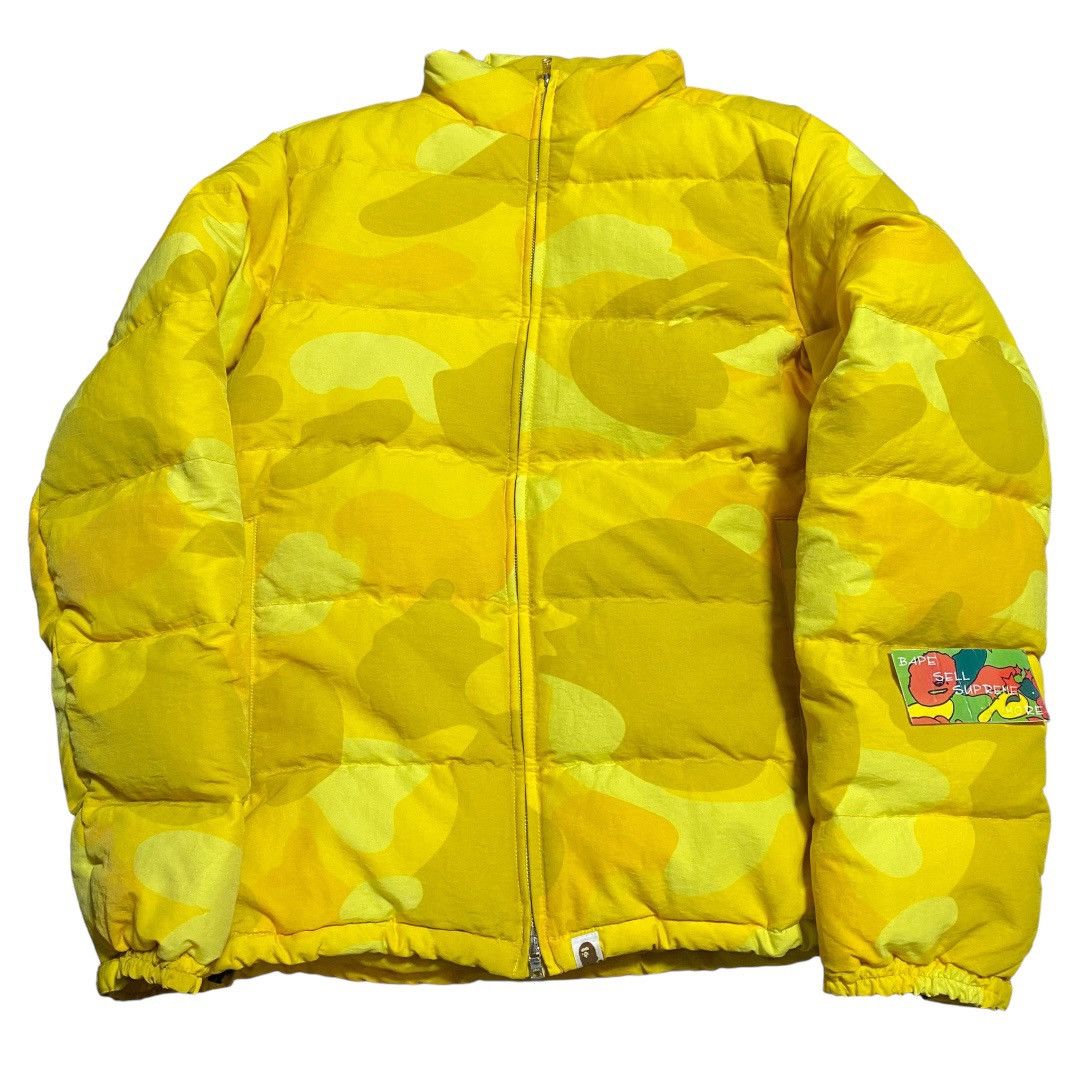 image of Bape Big Face Puffer Down Jakcet Yello Camo in Yellow Camo, Men's (Size 2XL)