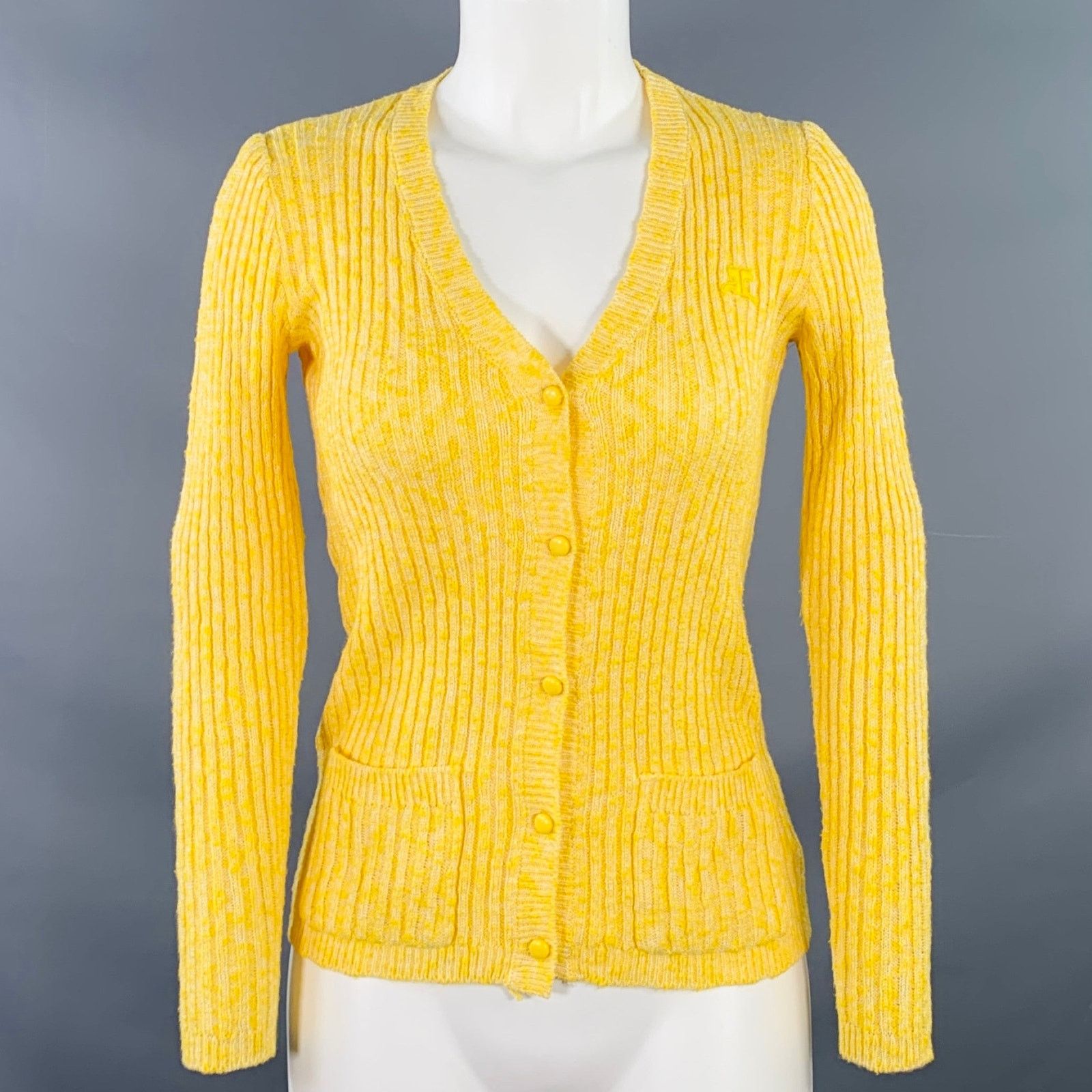 Courreges Vintage XS Yellow Acrylic Blend Rib Knit V-Neck Cardigan Size XS / US 0-2 / IT 36-38 - 2 Thumbnail