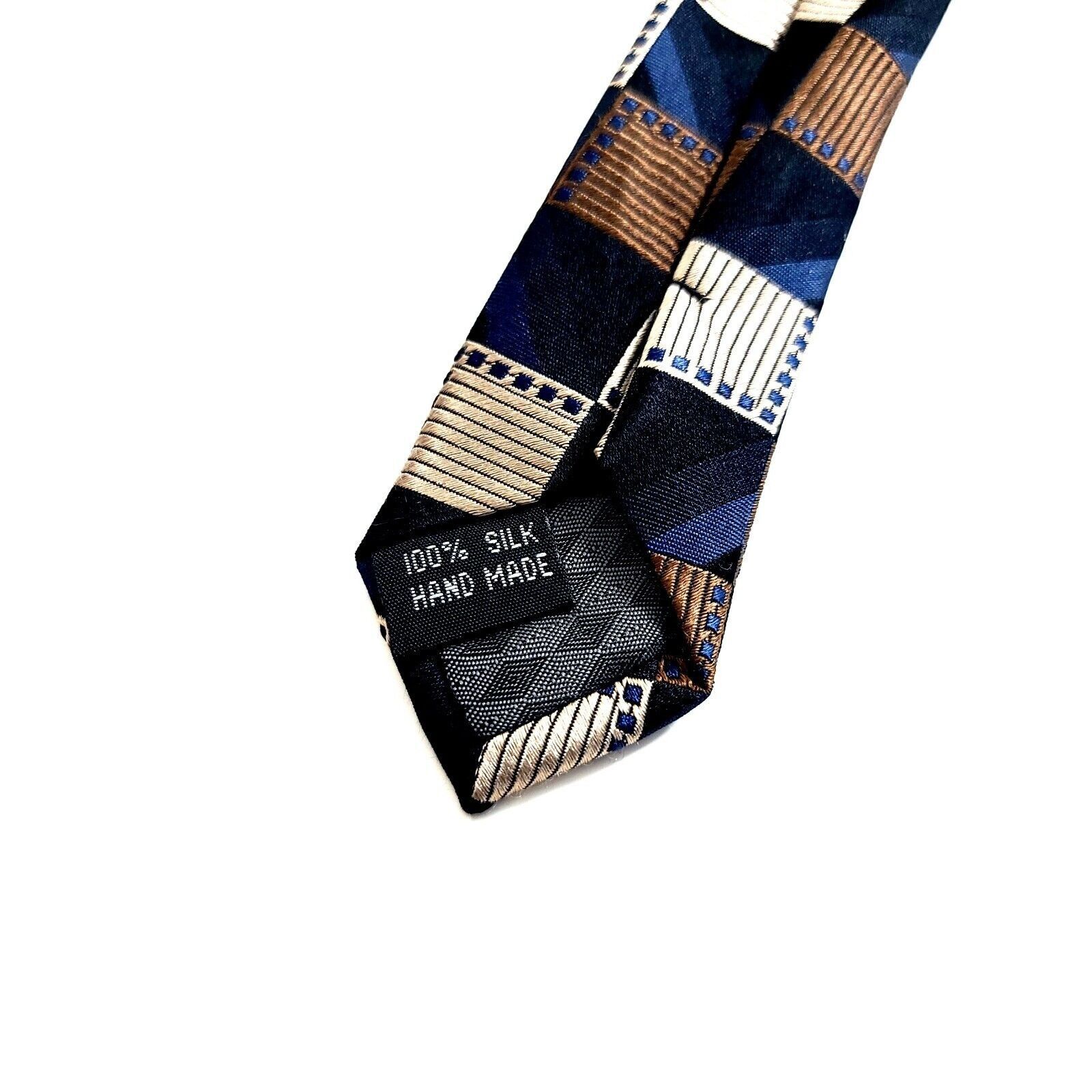 Designer Bocara Woven Blue Brown Cream Woven Geometric Wide Long Silk Size ONE SIZE - 4 Thumbnail