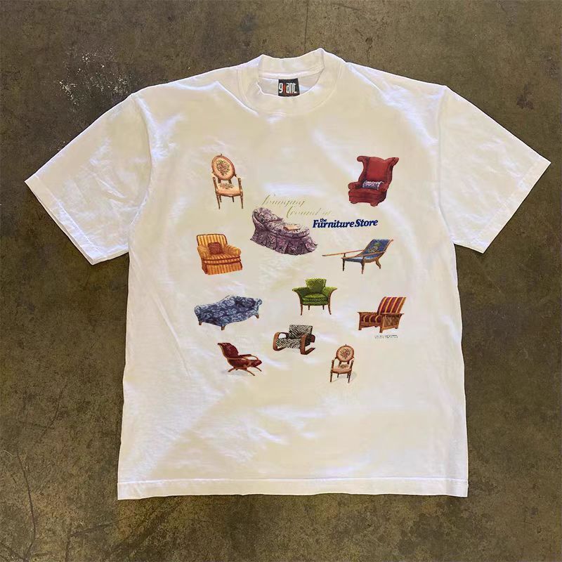Vintage White street washed retro furniture print cotton t-shirt Size US L / EU 52-54 / 3 - 1 Thumbnail