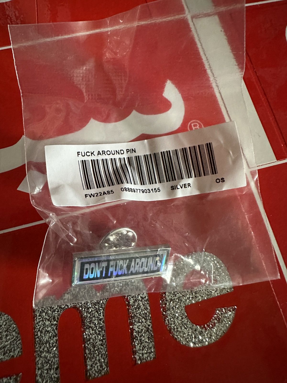 Supreme FW22 DS Supreme Don’t Fuck Around Pin Silver OG Box Logo Size ONE SIZE - 3 Thumbnail
