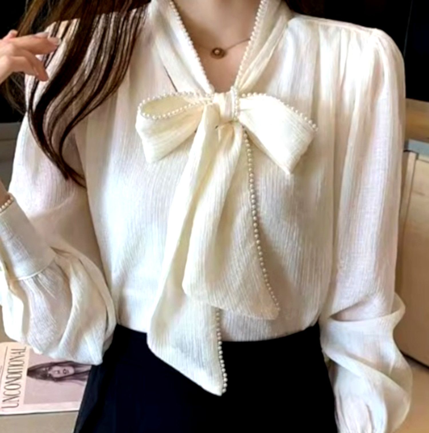 Designer × Japanese Brand × Vintage Stunning Vintage Peals Bow Lantern Sleeves Ruched Blouse Size L / US 10 / IT 46 - 2 Thumbnail